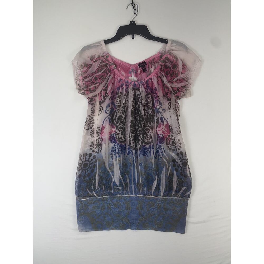 Vanity Blouse Juniors Medium Multicolor Floral Sheer Flutter Sleeve Tunic Top